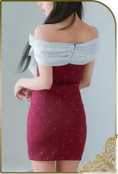ミニドレス オフショルダー シフォン ビッグリボン ドットビジュー ストレッチ ワインレッド XL タイト キャバドレス4枚目