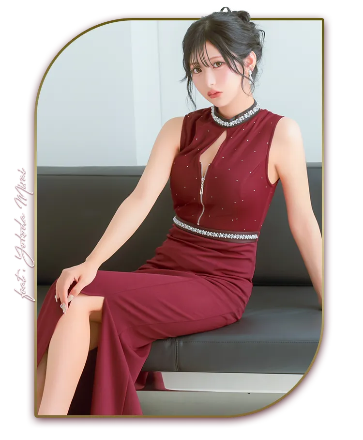 ロングドレス ノースリーブ ビジュー ハイネック ジップ 谷間 ストレッチ スリット 下着のまま 高身長 大きいサイズ ワインレッド XL XXL 4L タイト キャバドレス1枚目