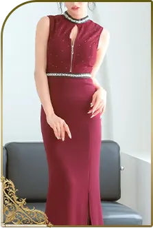 ロングドレス ノースリーブ ビジュー ハイネック ジップ 谷間 ストレッチ スリット 下着のまま 高身長 大きいサイズ ワインレッド XL XXL 4L タイト キャバドレス2枚目