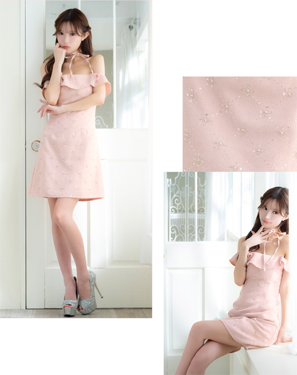 チョーカーリボン付きオフショルドレスディテール画像