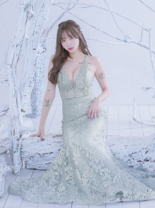 バストシースルー スパンコール 刺繍ラメ クリスクロス バックレス キャミソール 谷間魅せ マーメイドロングドレス