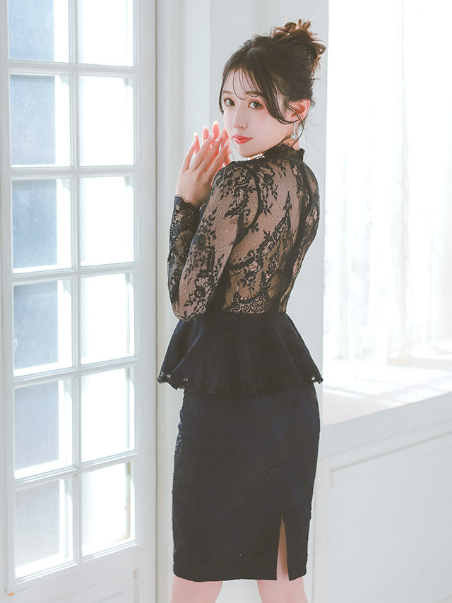 ペプラム レース 長袖 袖あり ネックリボン タイト 膝丈ドレス