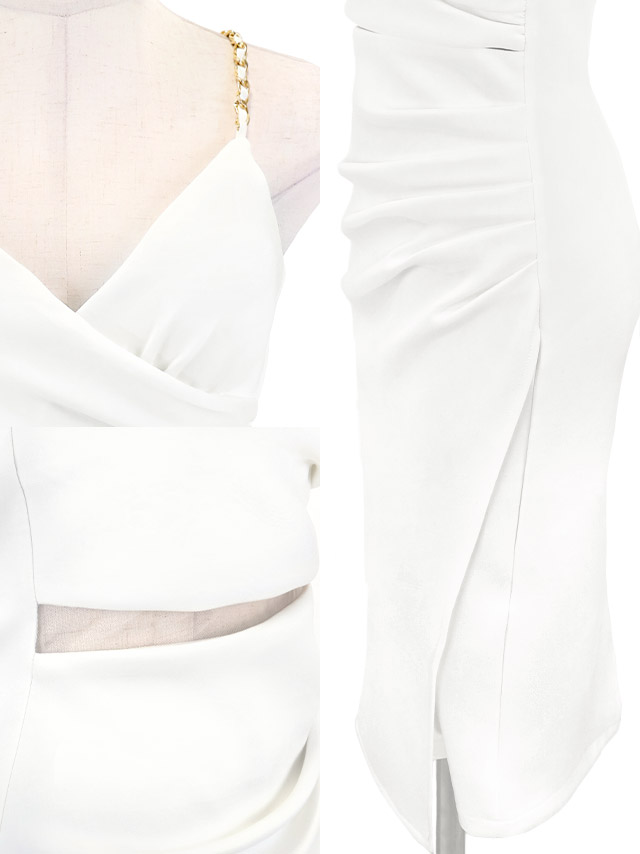 膝丈ドレス タイト 谷間 シンプル 大人 上品 ストレッチ キャミソール チェーンショルダー ウエストカット シースルー ラップ XL ホワイト キャバドレスの商品特徴1