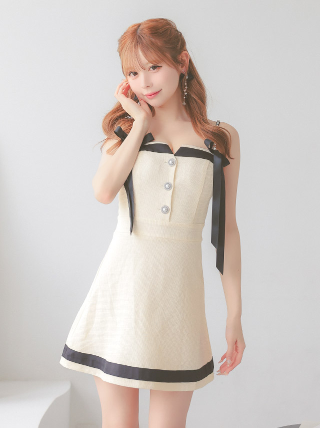 ミニドレス ワンピース リボン フレンチガーリー ツイード キャミソール パイピング Aライン XL キャバドレス