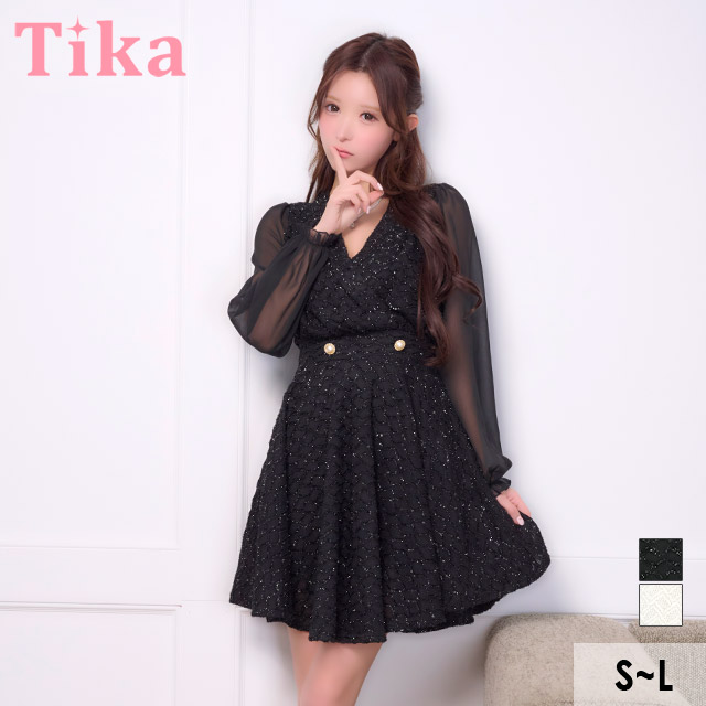 膝丈ドレス Aライン 長袖 ツイード ラメ ワンピース Vネック 大人 上品 二の腕カバー 下着のまま お呼ばれ 高身長 黒 キャバドレスのメイン画像