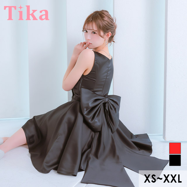 バースデー ノースリーブ スクエアネック サテン バックリボン 高身長 黒 ブラック XL XXL XSあり Aライン ミモレ丈 キャバドレスのメイン画像