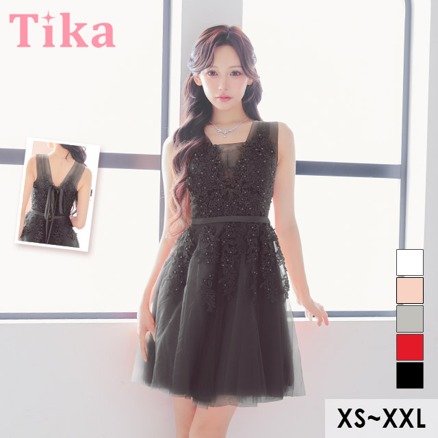 バースデー 刺繍レース ノースリーブ 谷間 チュール ブラック 黒 XL XXL XSあり Aライン ミモレ丈 キャバドレス (せいせい着用) [tk-mdd61902d]のメイン画像