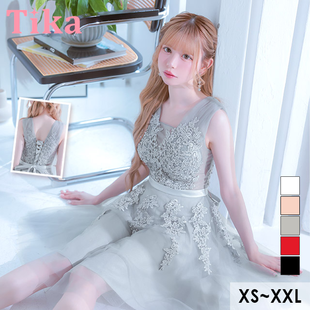 膝丈ドレス バースデー ノースリーブ 刺繍 レース 谷間 チュール 高身長 グレー XL XXL XSあり Aライン キャバドレスのメイン画像