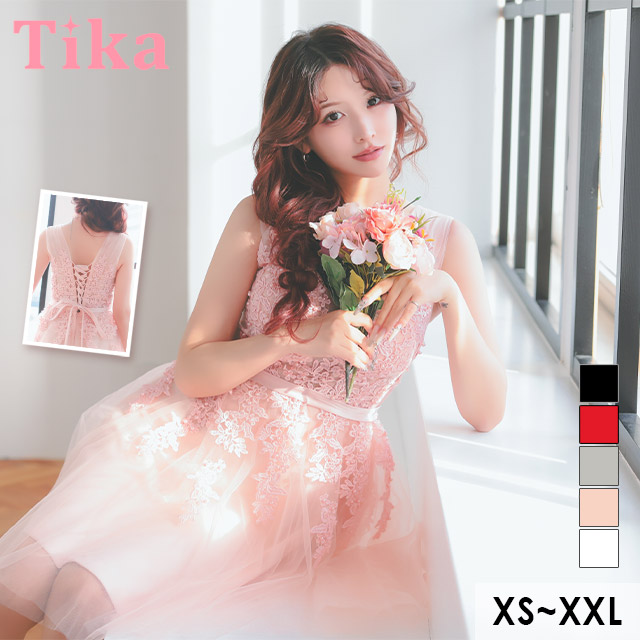 膝丈ドレス バースデー ノースリーブ 刺繍 レース 谷間 チュール 高身長 ピンク XL XXL XSあり Aライン キャバドレスのメイン画像