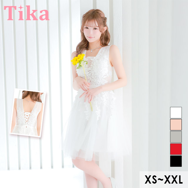 膝丈ドレス バースデー ノースリーブ 刺繍 レース 谷間 チュール 高身長 グレー XL XXL XSあり Aライン キャバドレスのメイン画像