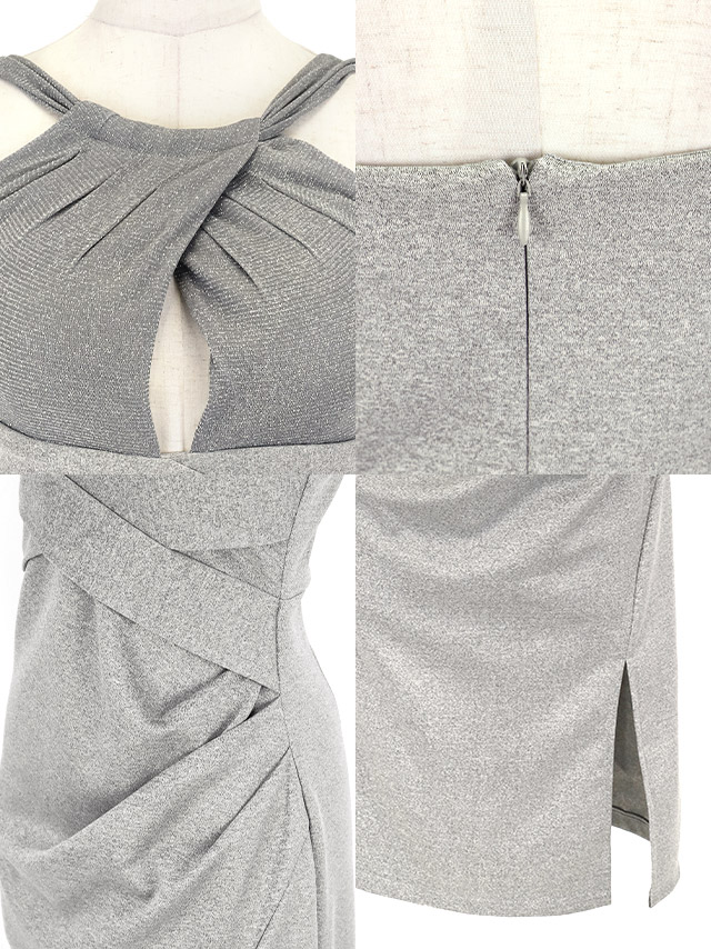 膝丈ドレス タイト アメリカンスリーブ クロスデザイン 前開き グリッターラメ シンプル 大人 上品 ストレッチ ドレープ スリット 高身長 XL グレー キャバドレスの商品特徴1