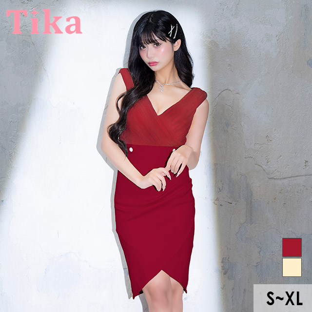 膝丈ドレス タイト 谷間 シンプル 大人 上品 ストレッチ キャミソール チェーンショルダー ウエストカット シースルー ラップ XL ホワイト キャバドレスのメイン画像