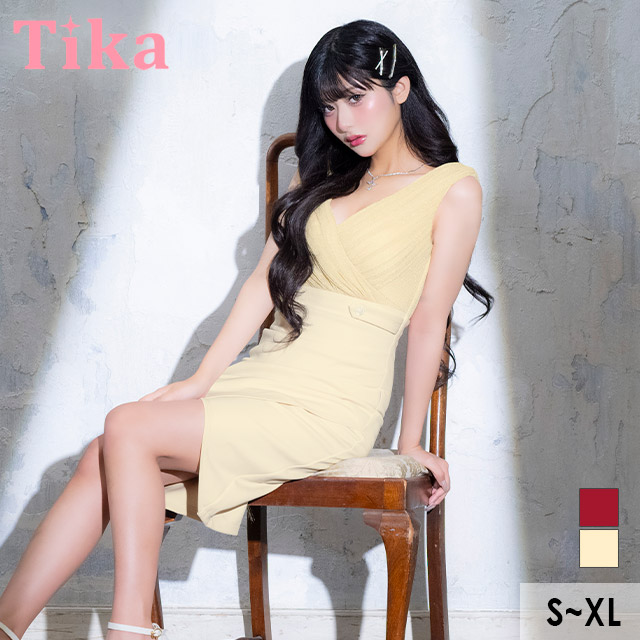 膝丈ドレス タイト 谷間 シンプル 大人 上品 ストレッチ キャミソール チェーンショルダー ウエストカット シースルー ラップ XL ホワイト キャバドレスのメイン画像