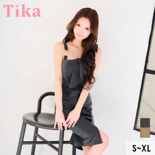 膝丈ドレス タイト ワンショルダー風 フリル アシメショルダー グリッターラメ シンプル 胸元カバー 大人 上品 ストレッチ スリット 高身長 XL ブラック キャバドレスのメイン画像