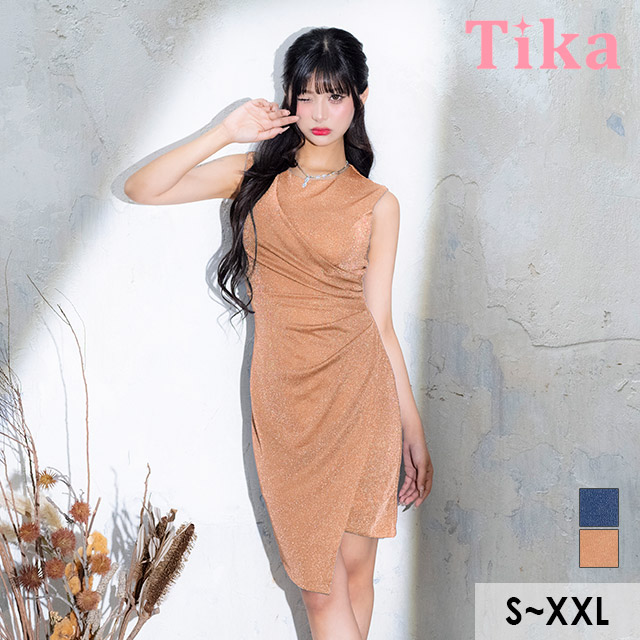 膝丈ドレス タイト ノースリーブ グリッターラメ シンプル 大人 上品 胸元カバー ストレッチ ラップ 下着のまま 高身長 XL ブルー キャバドレスのメイン画像