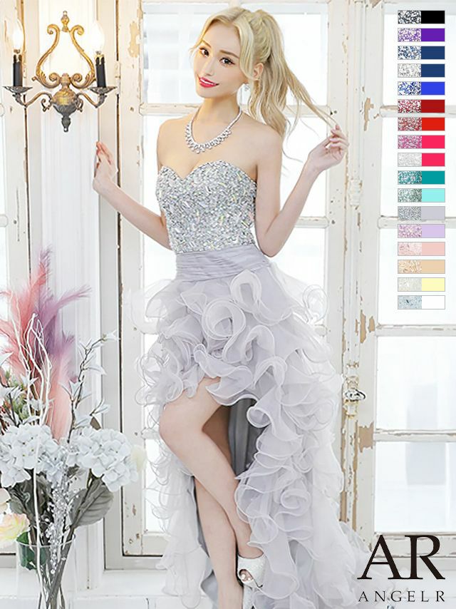 Angel-R エンジェルアール 高級ビジューベアトップ×フリルフロントミニチュールロングテールドレス