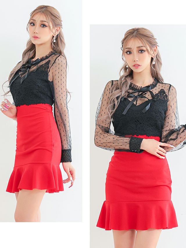 イメージ画像2 キャバドレス 安い Tika ティカ 久保七瀬着用 レース ロングスリーブ トランペット スカート ミニドレス レッド ラベンダー S?XLサイズ キャバ ドレス 大きいサイズ ミニ 膝丈 可愛い 通販