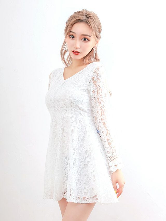 イメージ画像3 キャバドレス 長袖 Tikaholic ティカホリック 石原彩香着用 総レース 長袖 フレア ミニドレス ホワイト ブラック Mサイズ キャバ ドレス aライン 袖あり 白 黒 安い ナイトドレス キャバ嬢 キャバクラ ラウンジ スナック 通販