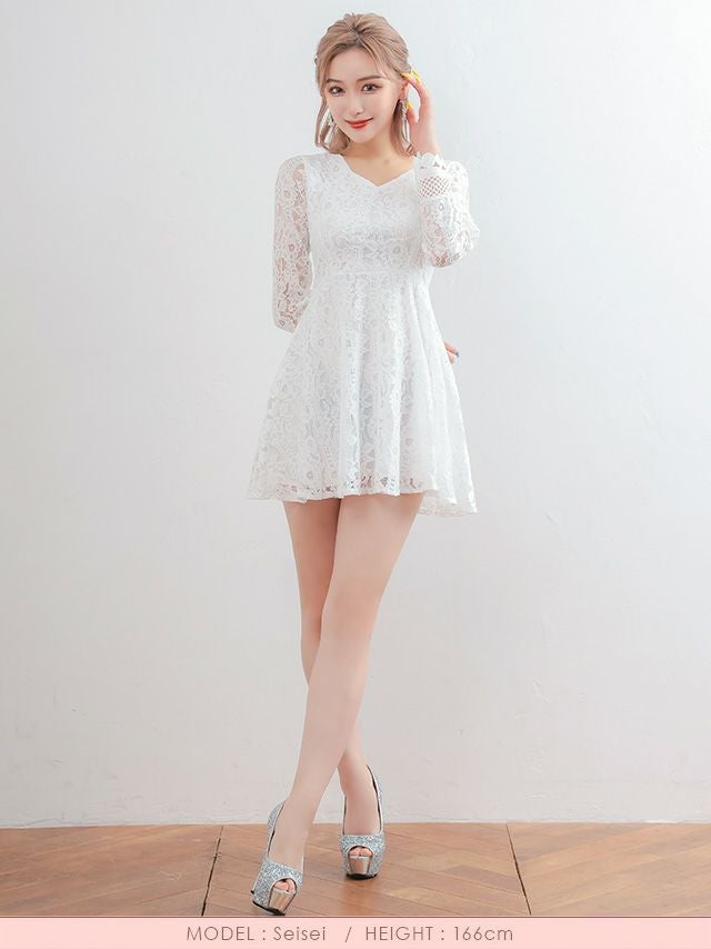 イメージ画像4 キャバドレス 長袖 Tikaholic ティカホリック 石原彩香着用 総レース 長袖 フレア ミニドレス ホワイト ブラック Mサイズ キャバ ドレス aライン 袖あり 白 黒 安い ナイトドレス キャバ嬢 キャバクラ ラウンジ スナック 通販