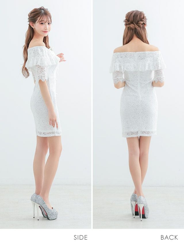 イメージ画像5 キャバドレス 安い myMinette マイミネット miho着用 パール飾り ボタン付き 総レース オフショル タイト ミニドレス ホワイト ブラック キャバ ドレス タイトドレス ミニ 膝丈 可愛い 通販