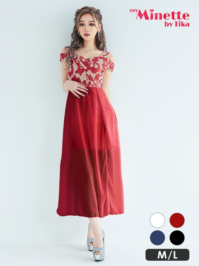 メイン画像 キャバドレス 安い myMinette マイミネット 異素材MIXメッシュレース×シフォンスカートロングドレス (ホワイト/レッド/ネイビー/ブラック) (Mサイズ/Lサイズ) (miho/キャバドレス着用)