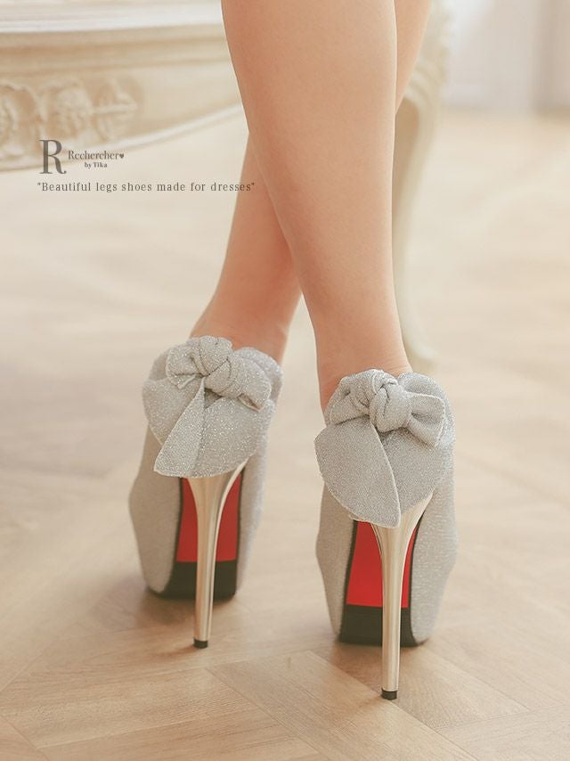 キャバヒール イメージ1 ラメ×バックリボンオープントゥパンプス