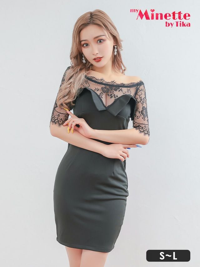 レース切替ペンシルラインタイト袖あり膝丈ドレス