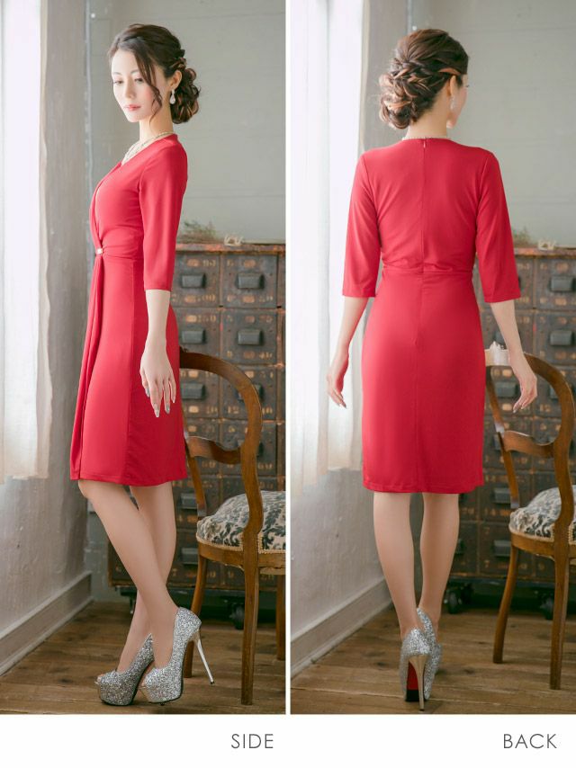 イメージ画像14 Vネックラップ風タイトミディ丈キャバドレス 大きいサイズ対応S?XXLサイズ ブラック