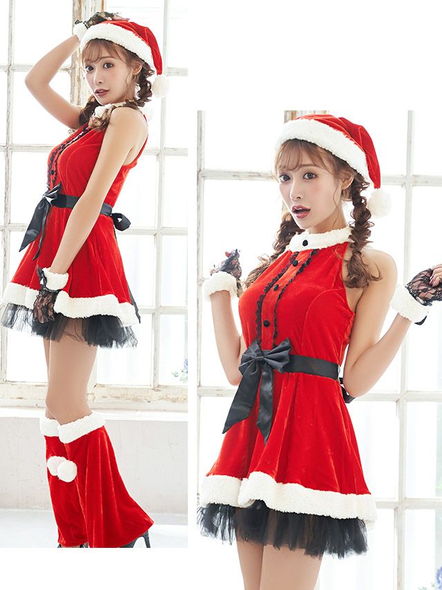 サンタコスプレ 4点set クラシカル ウエストリボン フレアスカート ハイネック [ワンピース+帽子+手袋+レッグカバー]のイメージ画像2