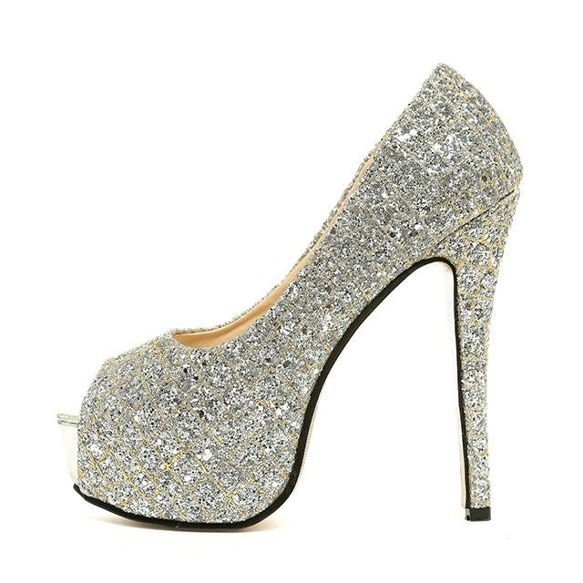 キャバヒール イメージ1 格子柄ストーンキラキラハイヒールオープントゥパンプス