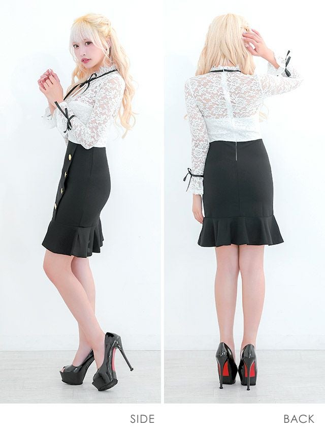 イメージ画像5 キャバドレス 激安 Tikaholic ティカホリック miho着用 レース リボン ゴールド ボタン フレア ミニドレス ホワイト×ブラック Mサイズ キャバ ドレス aライン フレアドレス ナイトドレス キャバ嬢 キャバクラ ラウンジ スナック 白 黒 安い 通販