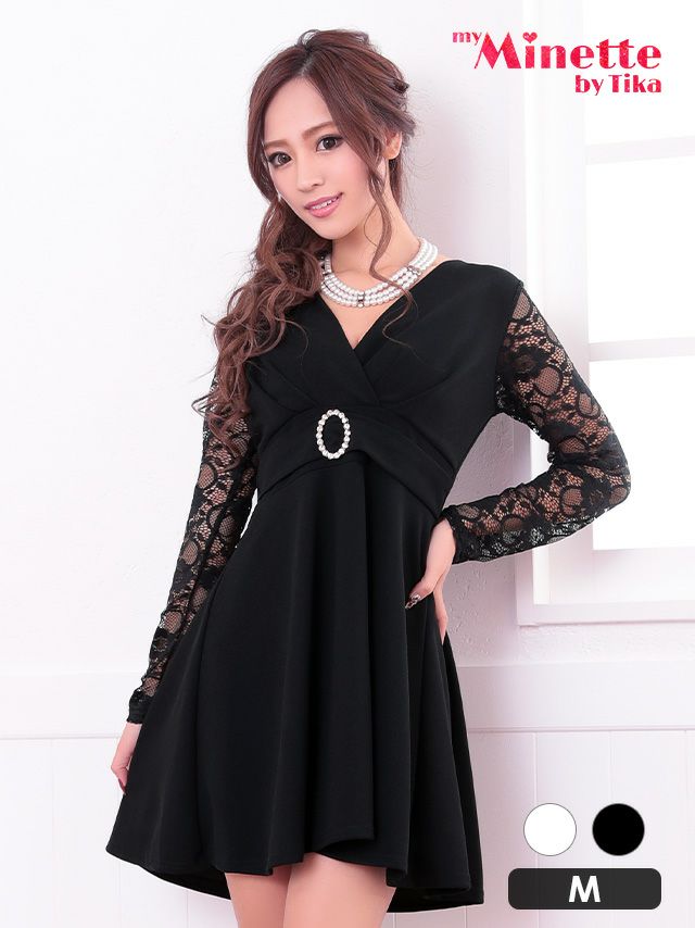 レースビジューリング長袖ハイウエスト切替フレアミニドレス