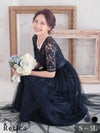 ウエストリボンチュールロングスカートレーススリーブ結婚式パーティードレス  [Retica/レティカ]