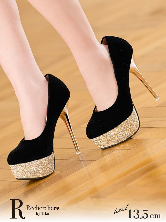 ソールラメ×ベロア厚底キラキラハイヒールパンプス (ブラック) (13.5cm