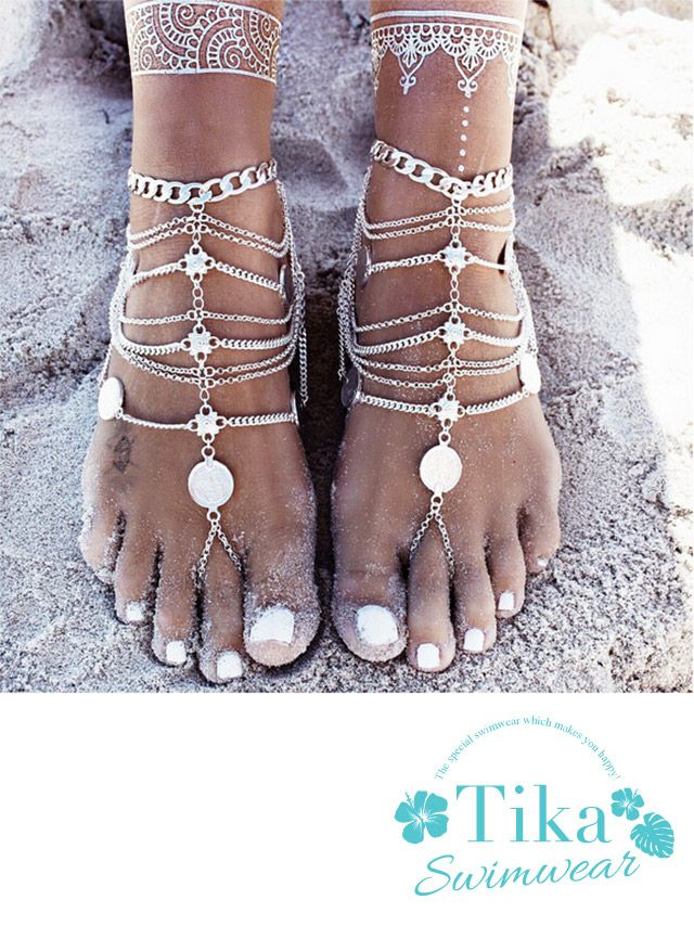 水着小物 ビキニをより可愛く♪トゥリングチェーンアンクレットエスニックベアフットサンダル片足1点セット