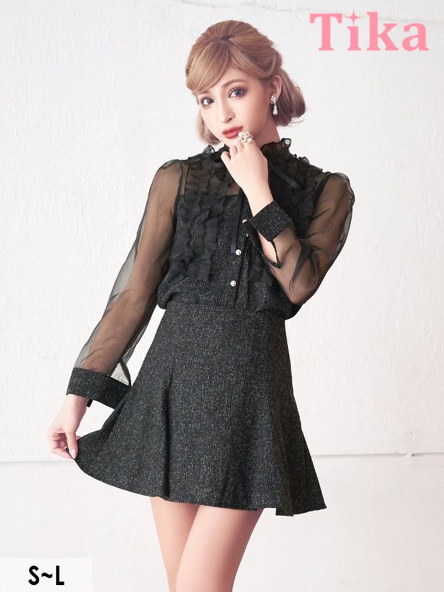 TIKA キャバドレス セパレート ミニドレス セットアップ胸元カバー ツイード ミニドレス セットアップ ワンピース 長袖 胸元フリル チュール