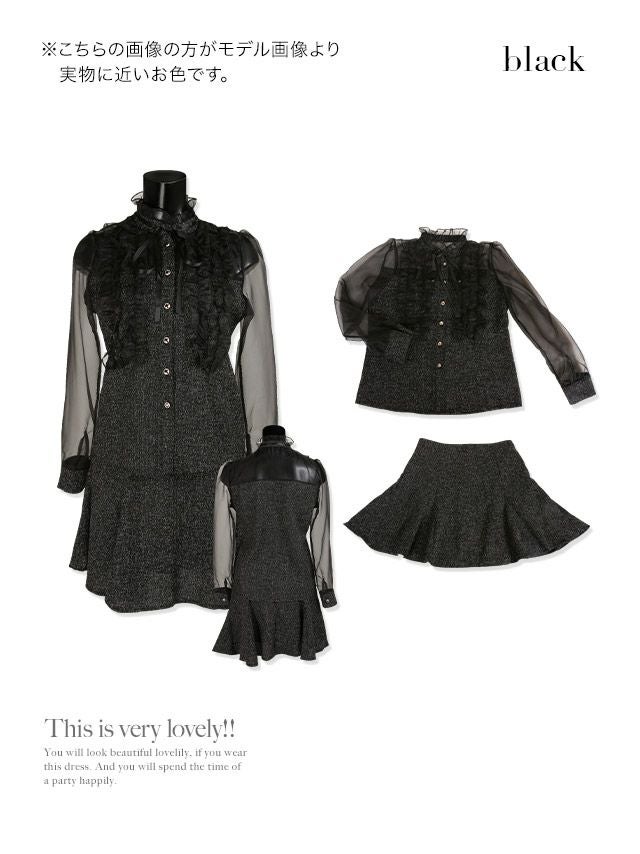 イメージ画像7 キャバドレス 大きいサイズ Tika ティカ ゆんころ着用 チュール袖 ツイード フリル フレア ミニドレス ブラック S?Lサイズ キャバ ドレス aライン フレアドレス ナイトドレス ミニ ひざ丈 キャバ嬢 キャバクラ 通販