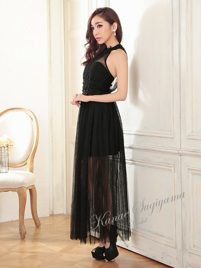 イメージ画像4 キャバドレス ロング  Tika ティカ 杉山佳那恵着用 ホルターネック チュール ロングテールドレス ホワイト レッド ブラック Mサイズ キャバ ドレス エレガント ロングワンピース 白 赤 黒 通販