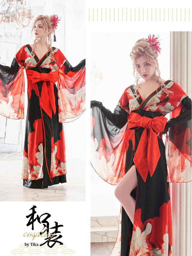 コスプレ 花魁 1点set 和装テイスト 谷間 花柄 和風ドレス(着物