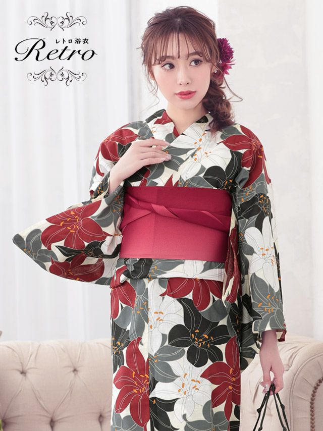 [浴衣] 4色百合柄 レトロシリーズ 3点セット (ゆかた・平帯・下駄)