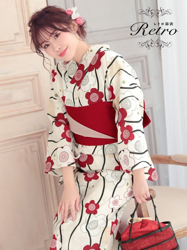 [浴衣 選べる帯] 古典柄丸み椿 レトロシリーズ 3点セット (ゆかた・平帯or作り帯・下駄)