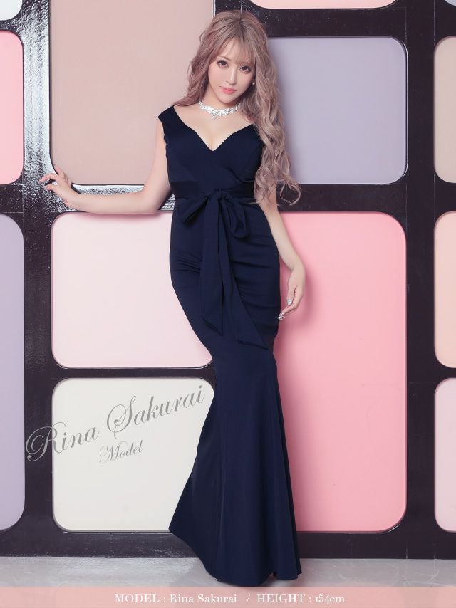 イメージ画像3 キャバドレス ロング  Tika ティカ さくりな着用 ウエスト リボン ワンカラー マーメイド ロングドレス ワインレッド ネイビー ブラック S?XXXLサイズ キャバ ドレス 大きいサイズ エレガント ロングワンピース 赤 紺 黒 通販