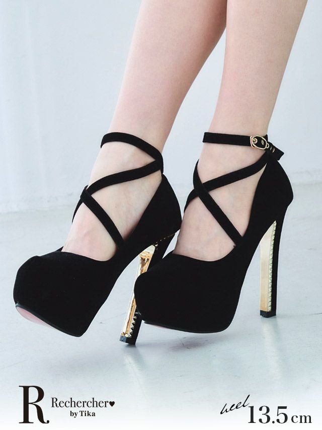 ストーンヒールクロスアンクルストラップ付ワンカラーパンプス