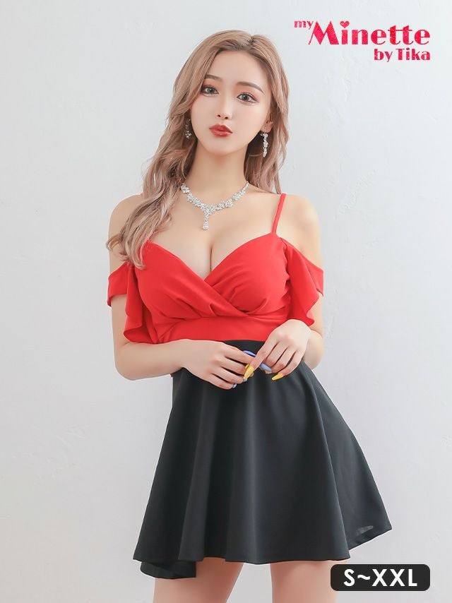 肩あきフレアスリーブバイカラーハイウエスト切替フレアミニドレス