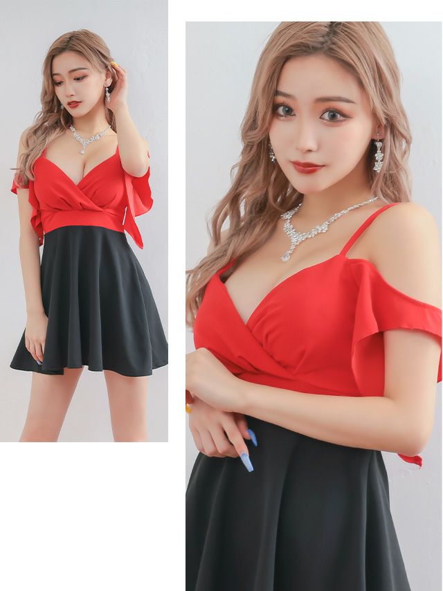 イメージ画像1 キャバドレス 激安 Tikaholic ティカホリック あやぴ着用 オフショル フレアスリーブ バイカラー Aライン ミニドレス レッド×ブラック S?XLサイズ キャバ ドレス 大きいサイズ フレアドレス ナイトドレス キャバ嬢 キャバクラ ラウンジ スナック 安い 通販