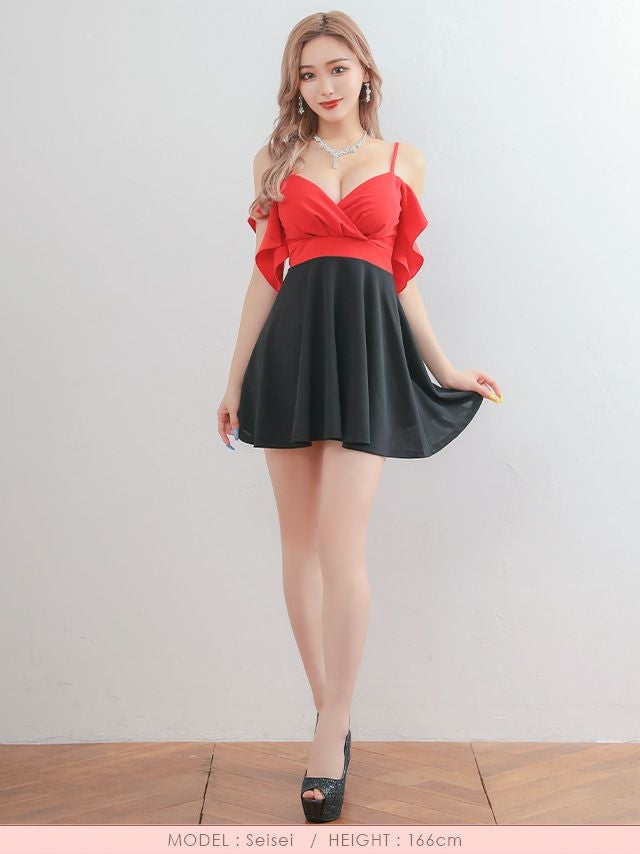 イメージ画像2 キャバドレス 激安 Tikaholic ティカホリック あやぴ着用 オフショル フレアスリーブ バイカラー Aライン ミニドレス レッド×ブラック S?XLサイズ キャバ ドレス 大きいサイズ フレアドレス ナイトドレス キャバ嬢 キャバクラ ラウンジ スナック 安い 通販