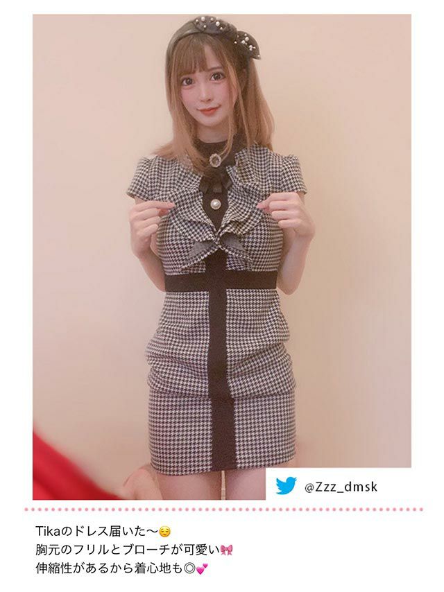 イメージ画像8 キャバドレス 大きいサイズ Tika ティカ 久保七瀬着用 ブローチ付き 千鳥柄 パールボタン フリル タイト ミニドレス 千鳥柄 S?XLサイズ キャバ ドレス タイトドレス ナイトドレス ミニ ひざ丈 キャバ嬢 キャバクラ 通販