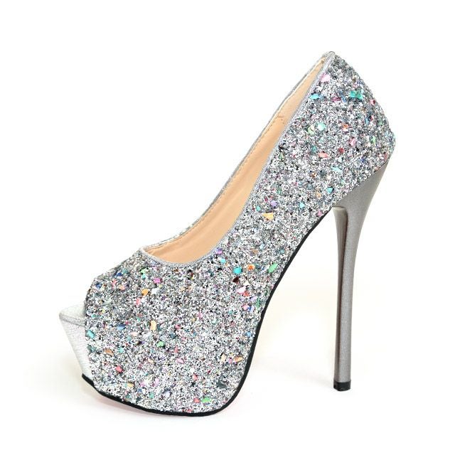キャバヒール イメージ1 スパンコールラメオープントゥキラキラハイヒールパンプス