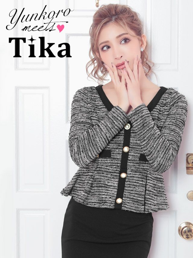 イメージ画像4 キャバドレス 大きいサイズ Tika ティカ ゆんころ着用 ツイード 切り替え ペプラム タイト ミニドレス ホワイト×ブラック ブラック×ブラック S?XXLサイズ キャバ ドレス ナイトドレス ミニ ひざ丈 キャバ嬢 キャバクラ 通販