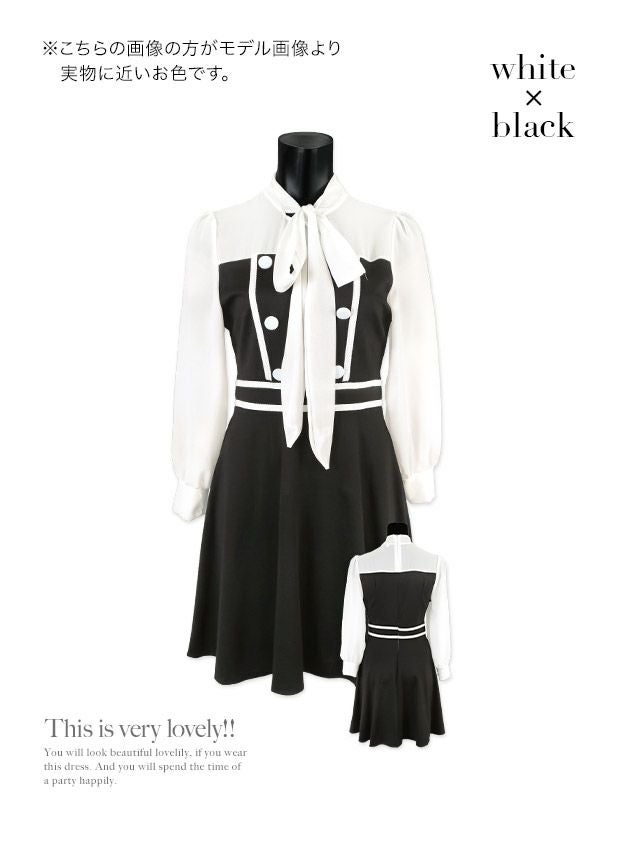 イメージ画像6 キャバドレス 安い Tika ティカ 関口さくら着用 シフォン ネックリボン モノトーン レトロ フレア Aライン ミニドレス ホワイト×ブラック S?Lサイズ キャバ ドレス 大きいサイズ フレアドレス ミニ 膝丈 可愛い 通販